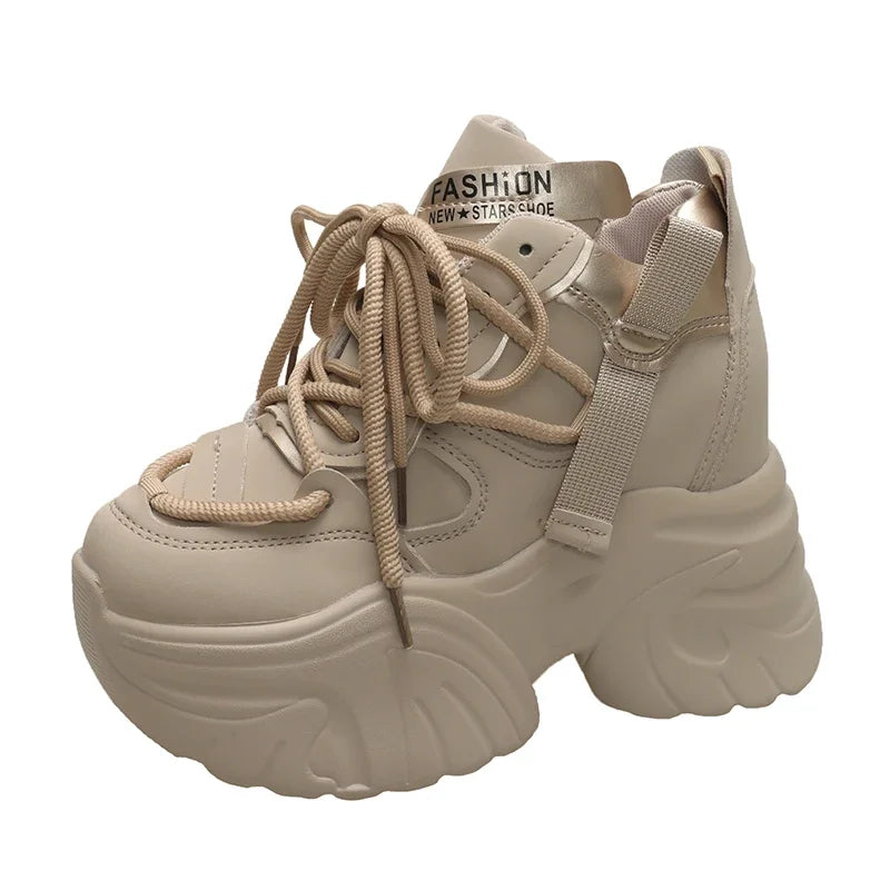 Women Walking Sneakers Autumn Lace-up High Platform Chunky Shoes Breathable Leather Shoes 10CM Winter Wedge Heels Casual Shoes