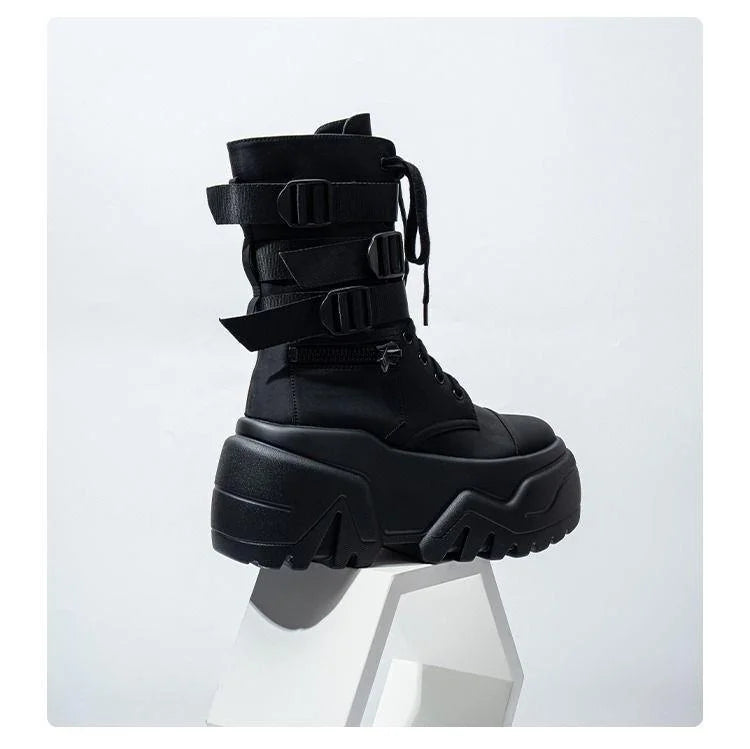 Women Ankle Booties Autumn Leather Chunky Shoes Woman High Platform Breathable Sneakers 9CM Thick Sole Wedges Motorcycles Boots