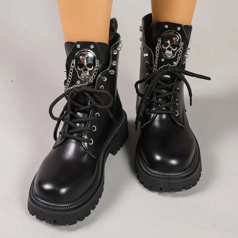 Black Ankle Boots for Women Thick Bottom Autumn Fashion Sweet Cool Short Motorcycle Botas Casual Lace Up Womens Platform Botines