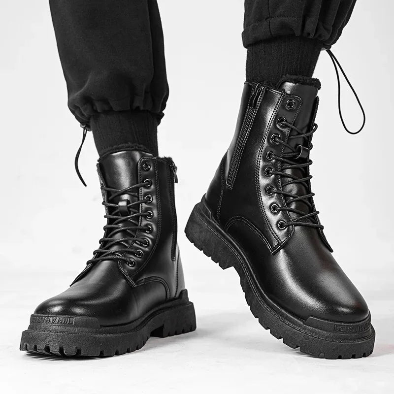 Men's Boots Fashion Motorcycle Ankle Boot Waterproof Leather Boots Lace Up Platform Boots for Men Plush Warm Winter Boot Botas