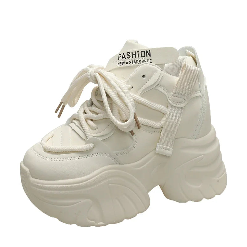 Women Walking Sneakers Autumn Lace-up High Platform Chunky Shoes Breathable Leather Shoes 10CM Winter Wedge Heels Casual Shoes