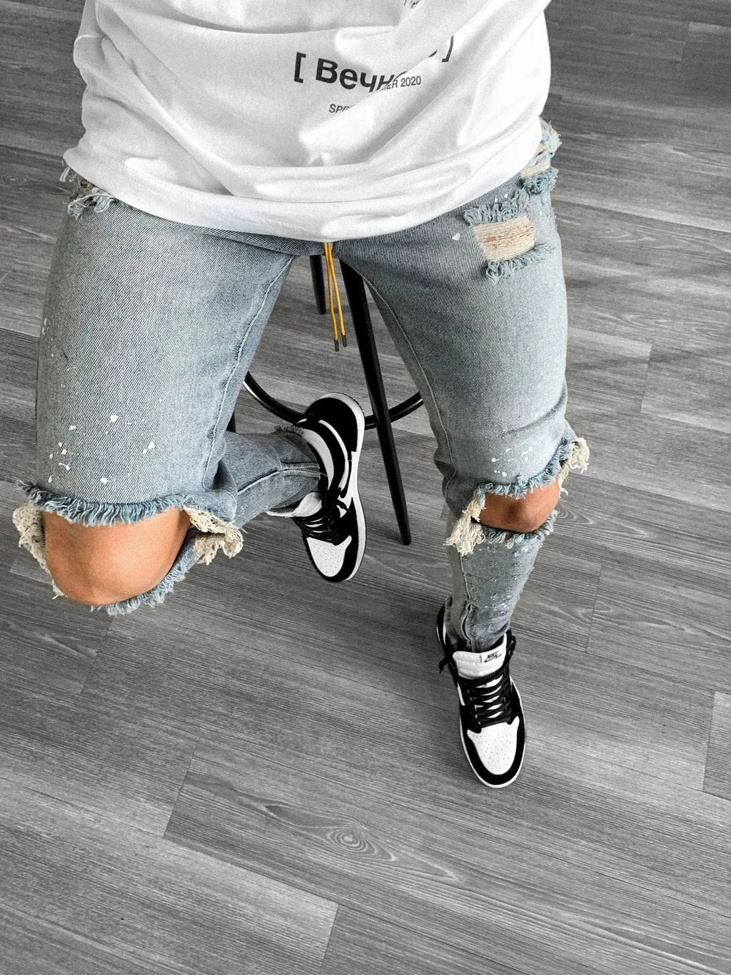 Men Long Jeans Pants Denim Pencil Pant Hole Splice Simple Slim Fit Zipper Lace Up Tight Waist Straight Trousers Autumn