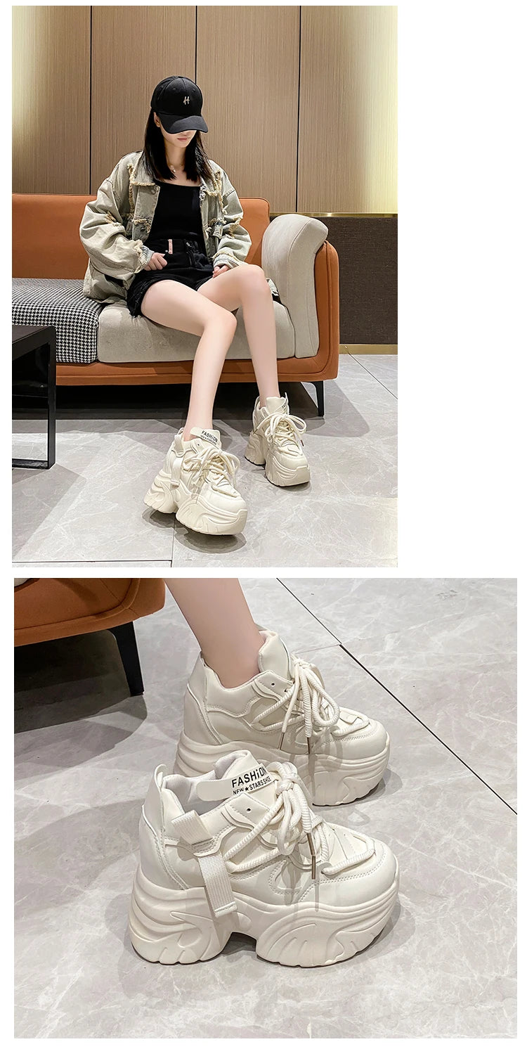 Women Walking Sneakers Autumn Lace-up High Platform Chunky Shoes Breathable Leather Shoes 10CM Winter Wedge Heels Casual Shoes