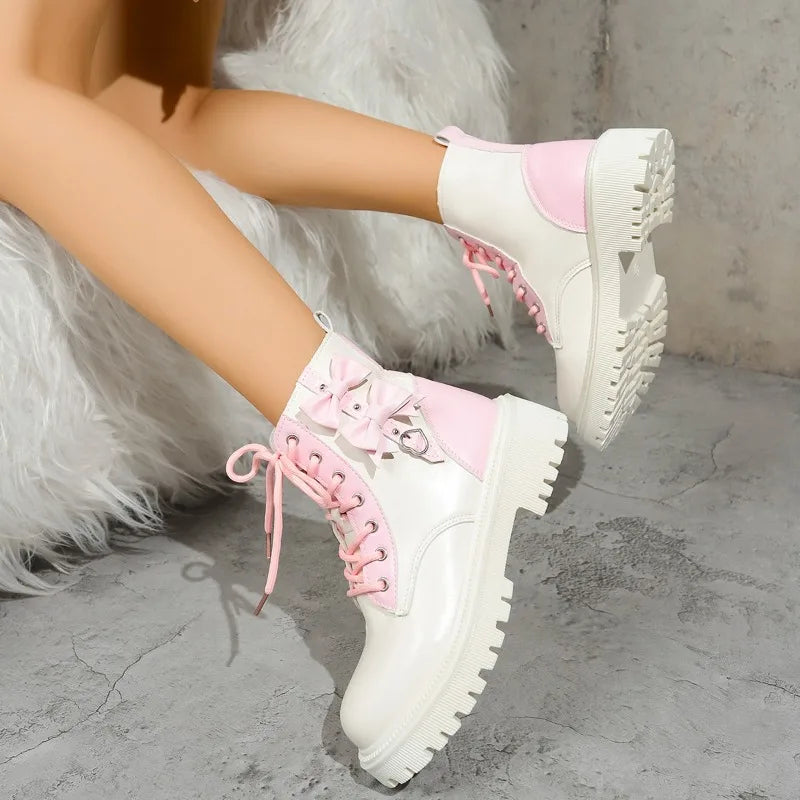 Bow Love Platform Single Boots Spring and Autumn New Round Toe Colorblock Front Lace-up Platform Short Boots