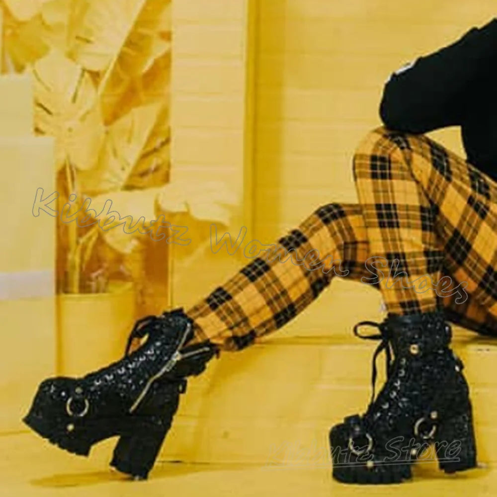 Modern Ankle Boots Platform Metal Decor Fashion Elegant Concise Luxury Solid Color Round Toe Chunky Heel Leather Women Shoes New