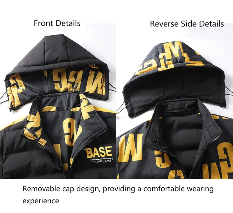 Winter Men's Cotton Jacket Fashion Warm Comfortable Padded Thickened Down Jackets Coat New Double-Sided Clothes Removable Cap