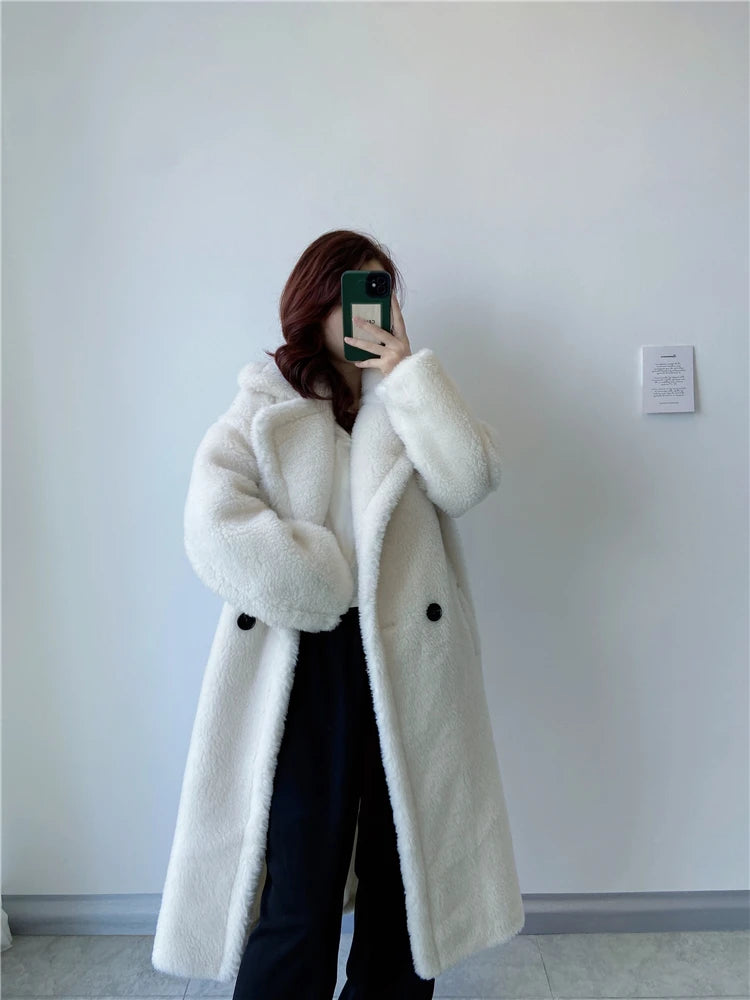 Winter Jacket Women Long Coat  Wool Woven Fabric Thick Warm Outerwear Oversize Fashion Streetwear Teddy Bear Coats