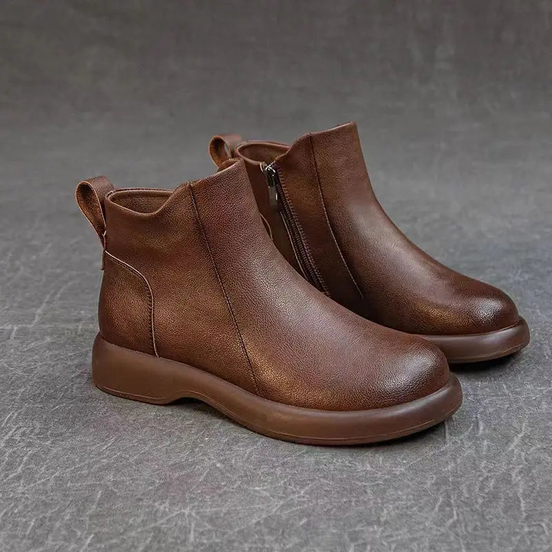 Booties Round Toe Leather Ankle Boots for Women Fur Woman Short Shoes Flat Fashion 2025 Chic and Elegant High Quality Autumn Hot