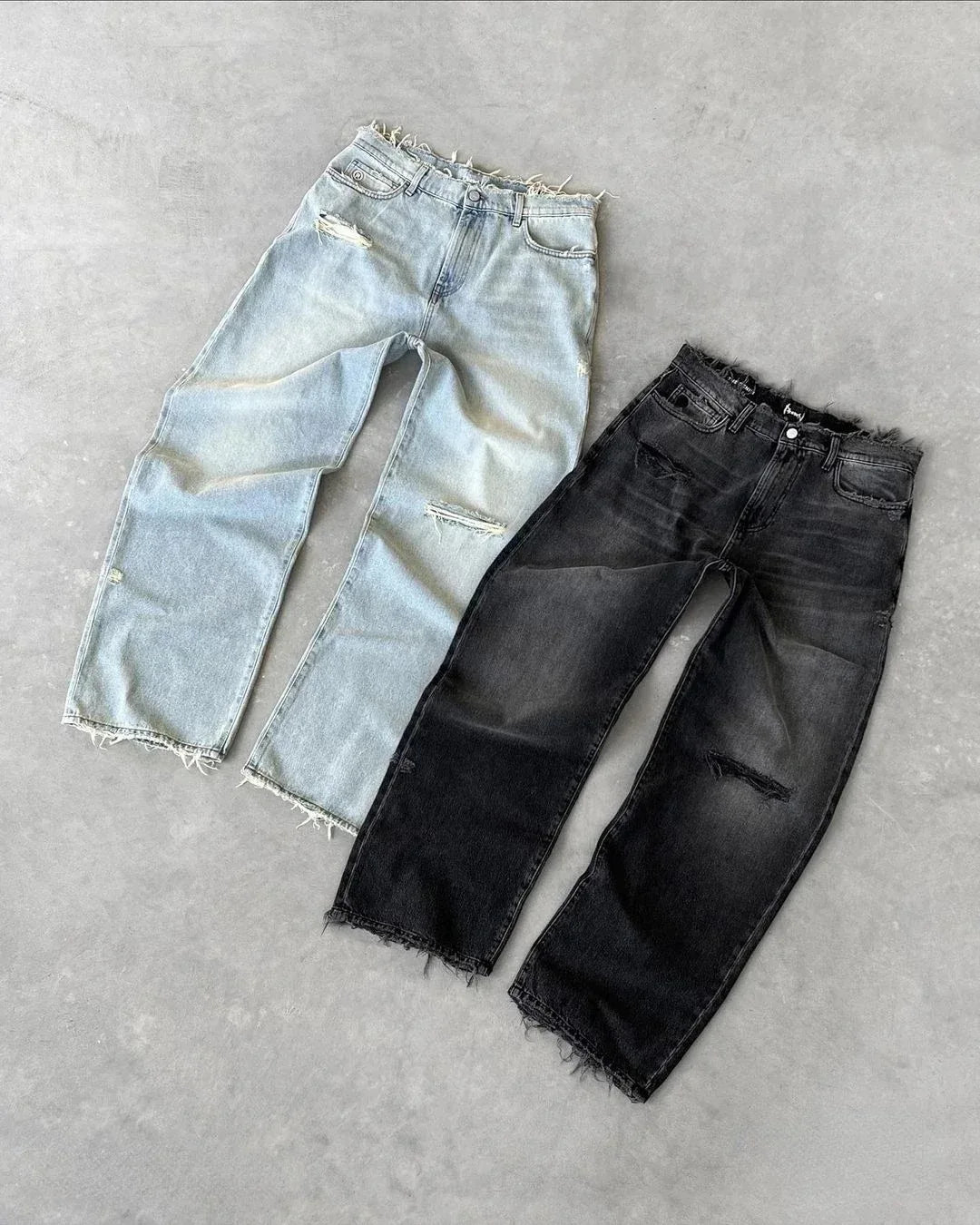 Straight Jeans Distressed Men Jean Ripped Holes Washed Denim Pants Ankle Length Loose Solid Zipper Fly Pockets Casual 2025