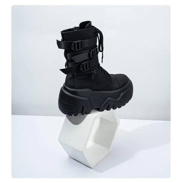 Women Ankle Booties Autumn Leather Chunky Shoes Woman High Platform Breathable Sneakers 9CM Thick Sole Wedges Motorcycles Boots