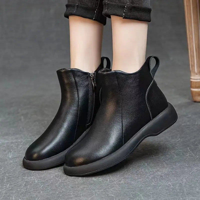 Booties Round Toe Leather Ankle Boots for Women Fur Woman Short Shoes Flat Fashion 2025 Chic and Elegant High Quality Autumn Hot