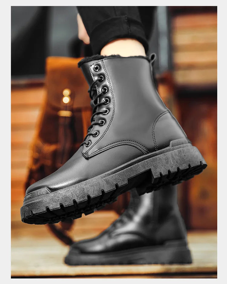 Men's Boots Fashion Motorcycle Ankle Boot Waterproof Leather Boots Lace Up Platform Boots for Men Plush Warm Winter Boot Botas