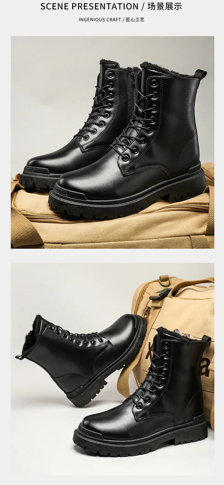 Men's Boots Fashion Motorcycle Ankle Boot Waterproof Leather Boots Lace Up Platform Boots for Men Plush Warm Winter Boot Botas