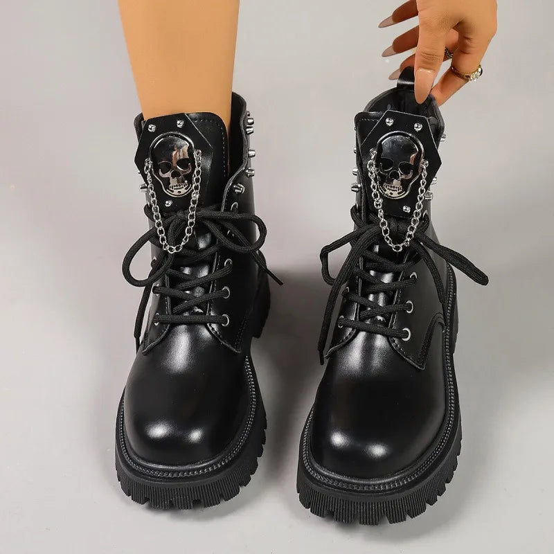 Black Ankle Boots for Women Thick Bottom Autumn Fashion Sweet Cool Short Motorcycle Botas Casual Lace Up Womens Platform Botines