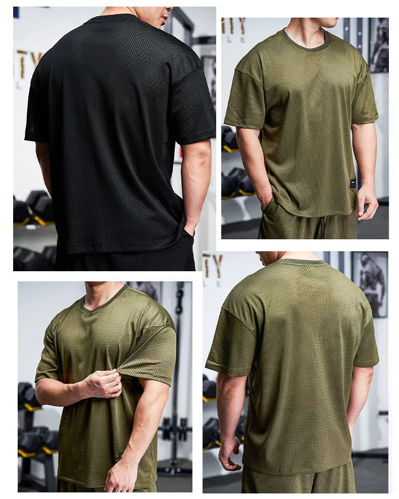 Men Gym Muscle Shirt Running Workout Loose Short Sleeve Tennis Football Training Shirt Quick Dry T-Shirt Casual Crew Neck Tees