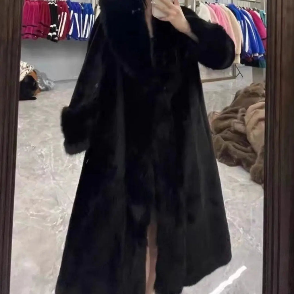 Faux Fur Coats Women Long Coat Thick Warm Turn Down Collar Open Stitch Spring Outerwear Jackets Elegant Splice Autumn Winter