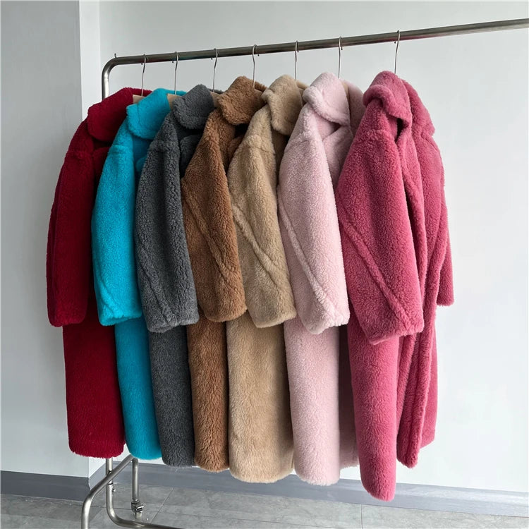 Winter Jacket Women Long Coat  Wool Woven Fabric Thick Warm Outerwear Oversize Fashion Streetwear Teddy Bear Coats