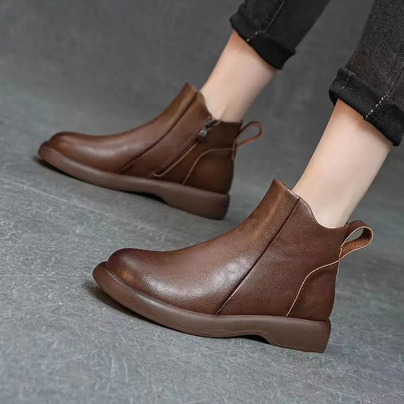 Booties Round Toe Leather Ankle Boots for Women Fur Woman Short Shoes Flat Fashion 2025 Chic and Elegant High Quality Autumn Hot