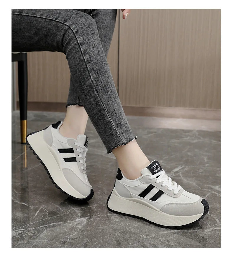 Spring Thick Bottom Women's Shoes 2025 Summer Casual Patchwork Leather Sneakers Casual Vulcanised Shoes Ladies Chaussure Femme
