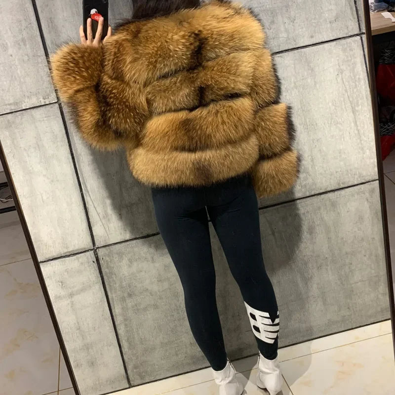 Women Fake Raccoon Fur Jacket Autumn Winter Faux Fur Fox Coats Short Coat Jackets Furry Outerwear Elegant Thick Warm Coats