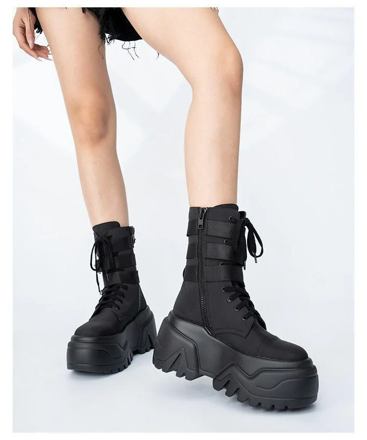 Women Ankle Booties Autumn Leather Chunky Shoes Woman High Platform Breathable Sneakers 9CM Thick Sole Wedges Motorcycles Boots