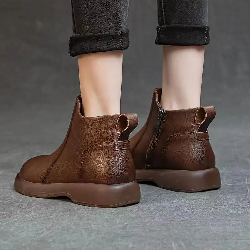 Booties Round Toe Leather Ankle Boots for Women Fur Woman Short Shoes Flat Fashion 2025 Chic and Elegant High Quality Autumn Hot