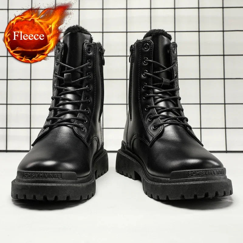 Men's Boots Fashion Motorcycle Ankle Boot Waterproof Leather Boots Lace Up Platform Boots for Men Plush Warm Winter Boot Botas
