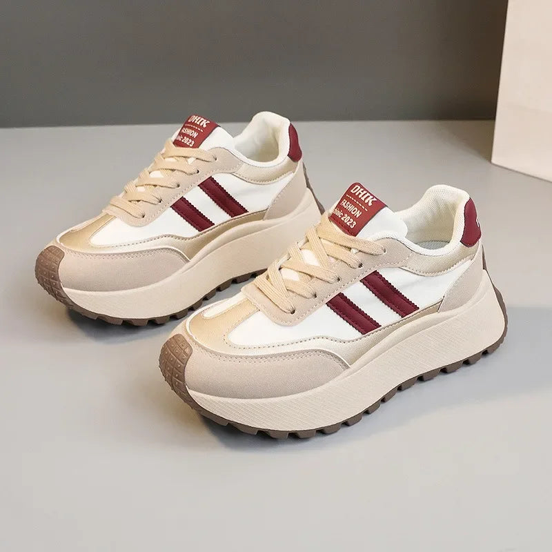 Spring Thick Bottom Women's Shoes 2025 Summer Casual Patchwork Leather Sneakers Casual Vulcanised Shoes Ladies Chaussure Femme