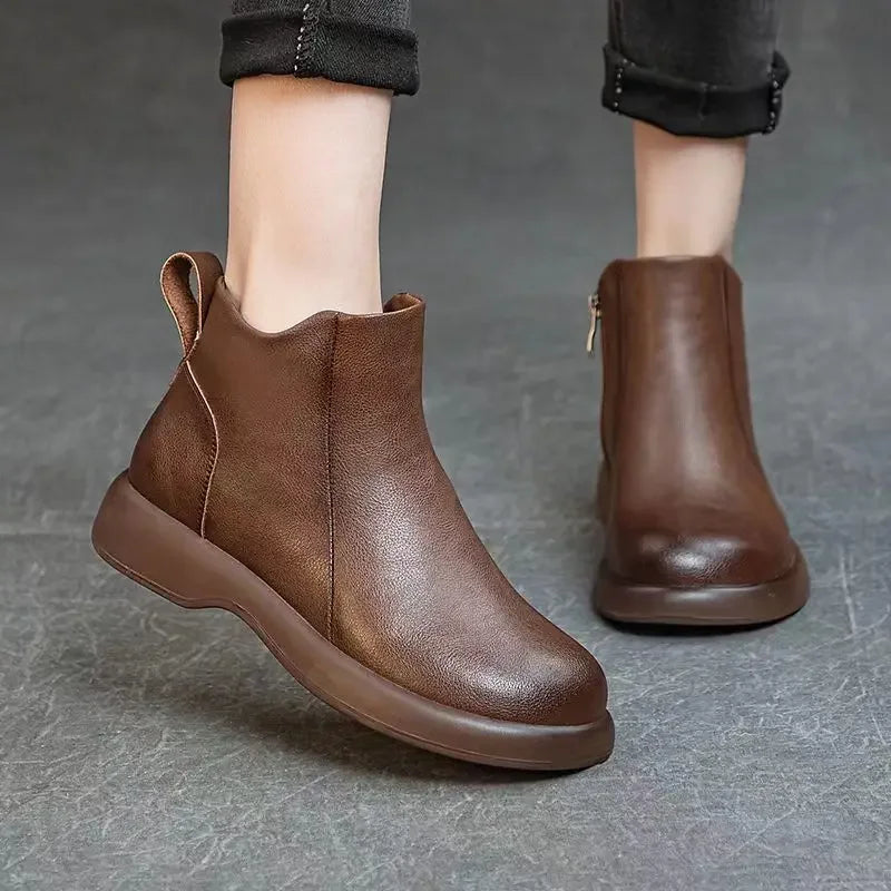Booties Round Toe Leather Ankle Boots for Women Fur Woman Short Shoes Flat Fashion 2025 Chic and Elegant High Quality Autumn Hot