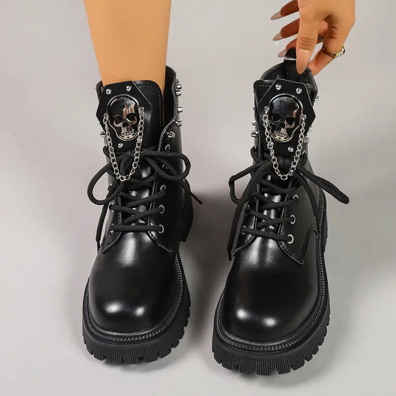 Black Ankle Boots for Women Thick Bottom Autumn Fashion Sweet Cool Short Motorcycle Botas Casual Lace Up Womens Platform Botines