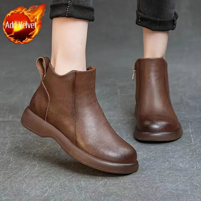 Booties Round Toe Leather Ankle Boots for Women Fur Woman Short Shoes Flat Fashion 2025 Chic and Elegant High Quality Autumn Hot