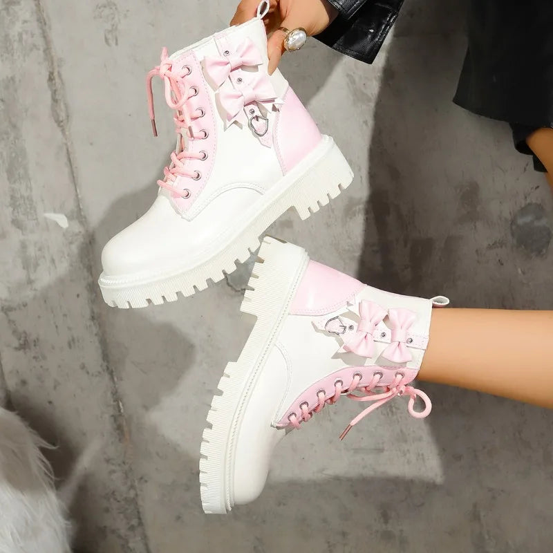 Bow Love Platform Single Boots Spring and Autumn New Round Toe Colorblock Front Lace-up Platform Short Boots