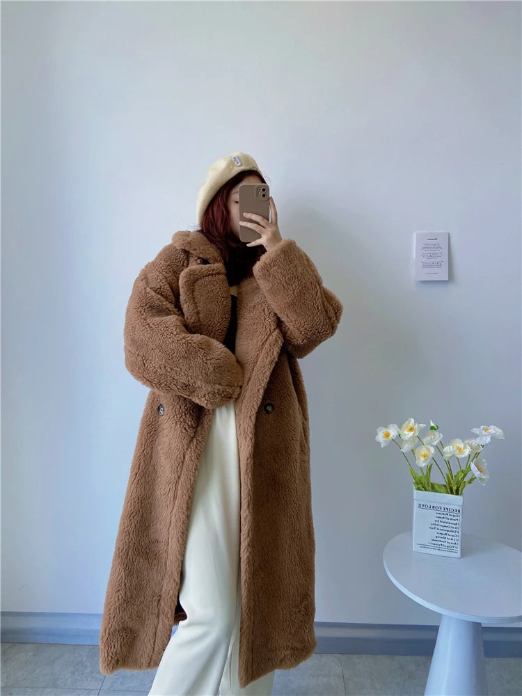 Winter Jacket Women Long Coat  Wool Woven Fabric Thick Warm Outerwear Oversize Fashion Streetwear Teddy Bear Coats