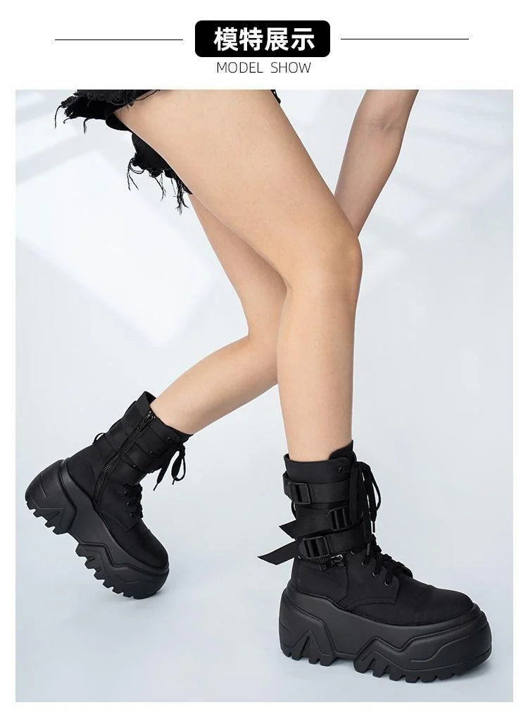 Women Ankle Booties Autumn Leather Chunky Shoes Woman High Platform Breathable Sneakers 9CM Thick Sole Wedges Motorcycles Boots