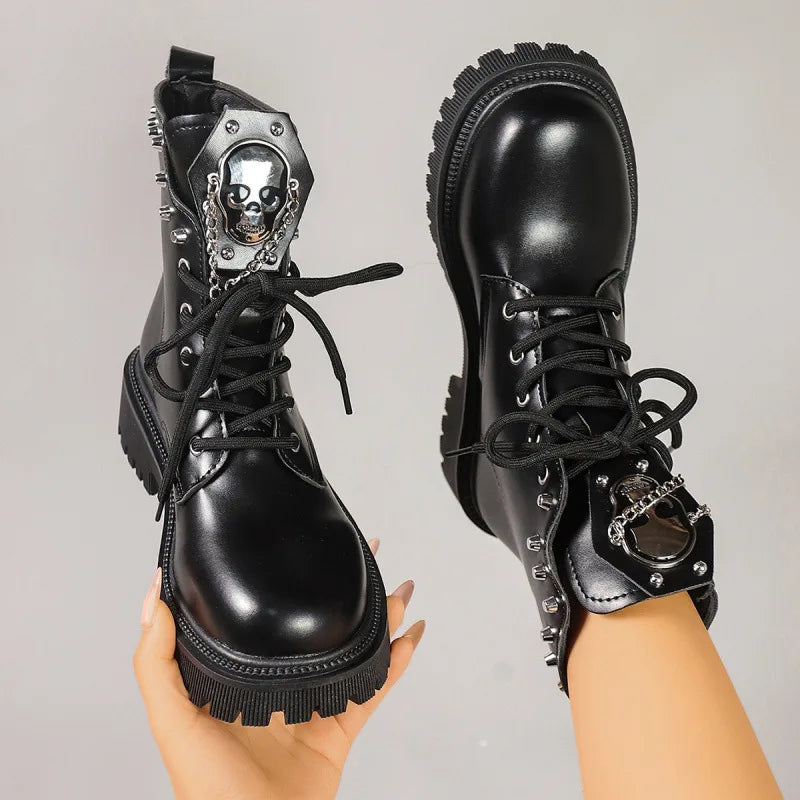 Black Ankle Boots for Women Thick Bottom Autumn Fashion Sweet Cool Short Motorcycle Botas Casual Lace Up Womens Platform Botines