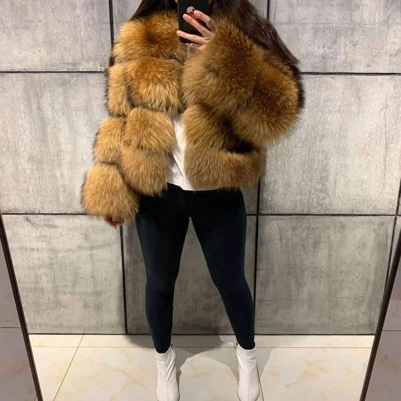 Women Fake Raccoon Fur Jacket Autumn Winter Faux Fur Fox Coats Short Coat Jackets Furry Outerwear Elegant Thick Warm Coats