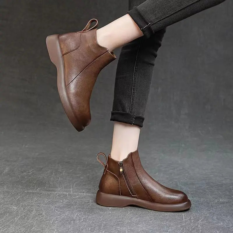 Booties Round Toe Leather Ankle Boots for Women Fur Woman Short Shoes Flat Fashion 2025 Chic and Elegant High Quality Autumn Hot
