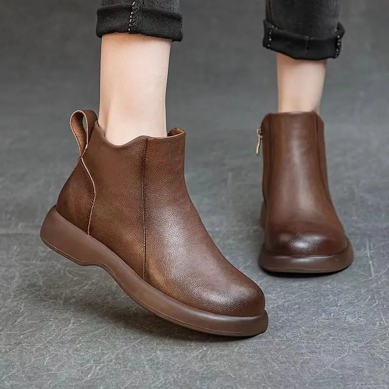 Booties Round Toe Leather Ankle Boots for Women Fur Woman Short Shoes Flat Fashion 2025 Chic and Elegant High Quality Autumn Hot