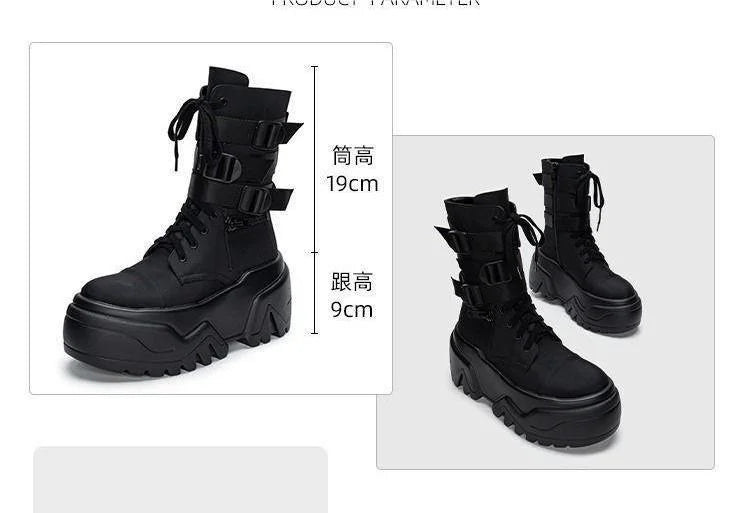 Women Ankle Booties Autumn Leather Chunky Shoes Woman High Platform Breathable Sneakers 9CM Thick Sole Wedges Motorcycles Boots