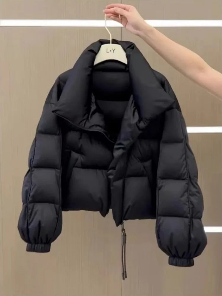 New Cotton Women Winter Warm Short Puff Jacket Korean Design Irregular Cotton Coat Trend Loose Thicken Parkas Tide Black White