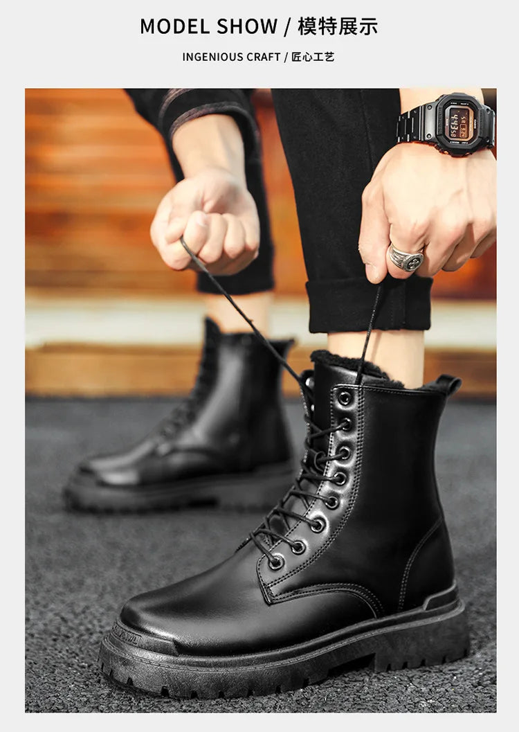 Men's Boots Fashion Motorcycle Ankle Boot Waterproof Leather Boots Lace Up Platform Boots for Men Plush Warm Winter Boot Botas