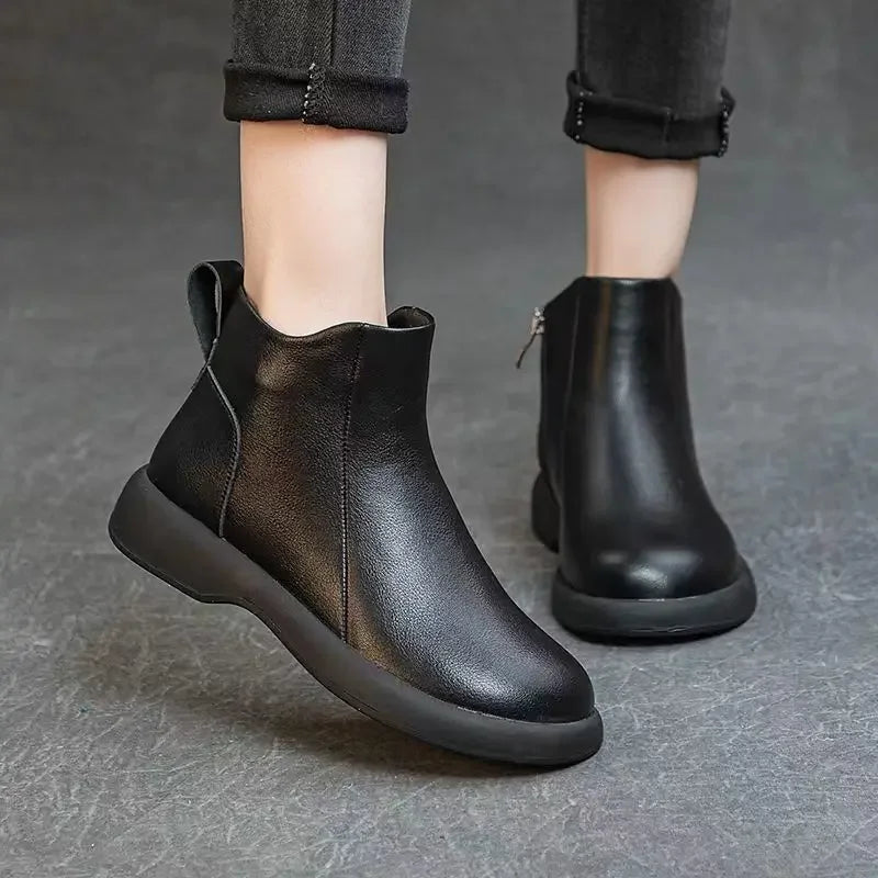 Booties Round Toe Leather Ankle Boots for Women Fur Woman Short Shoes Flat Fashion 2025 Chic and Elegant High Quality Autumn Hot