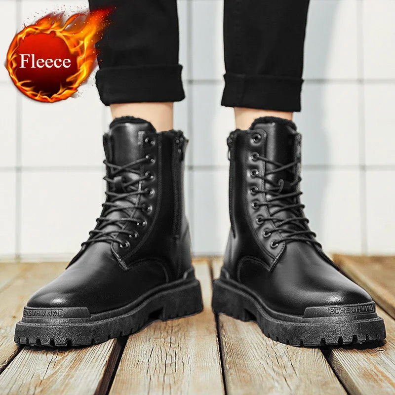 Men's Boots Fashion Motorcycle Ankle Boot Waterproof Leather Boots Lace Up Platform Boots for Men Plush Warm Winter Boot Botas
