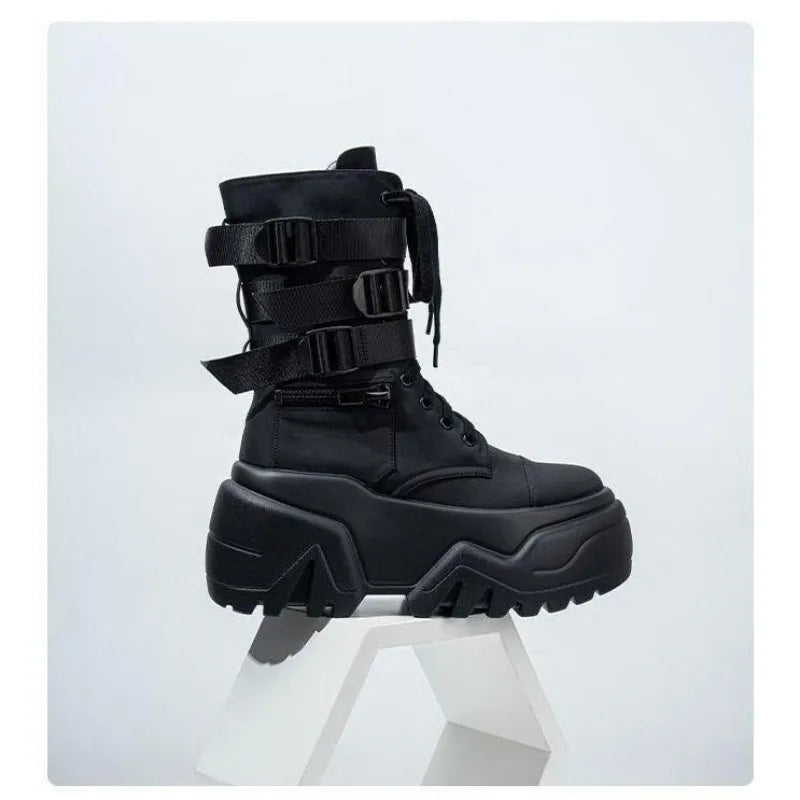 Women Ankle Booties Autumn Leather Chunky Shoes Woman High Platform Breathable Sneakers 9CM Thick Sole Wedges Motorcycles Boots