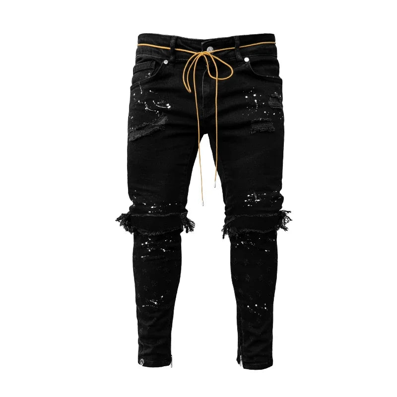 Men Long Jeans Pants Denim Pencil Pant Hole Splice Simple Slim Fit Zipper Lace Up Tight Waist Straight Trousers Autumn