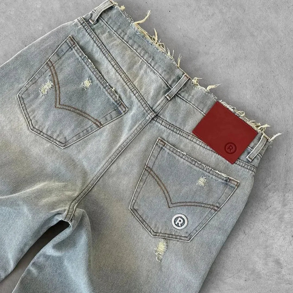 Straight Jeans Distressed Men Jean Ripped Holes Washed Denim Pants Ankle Length Loose Solid Zipper Fly Pockets Casual 2025