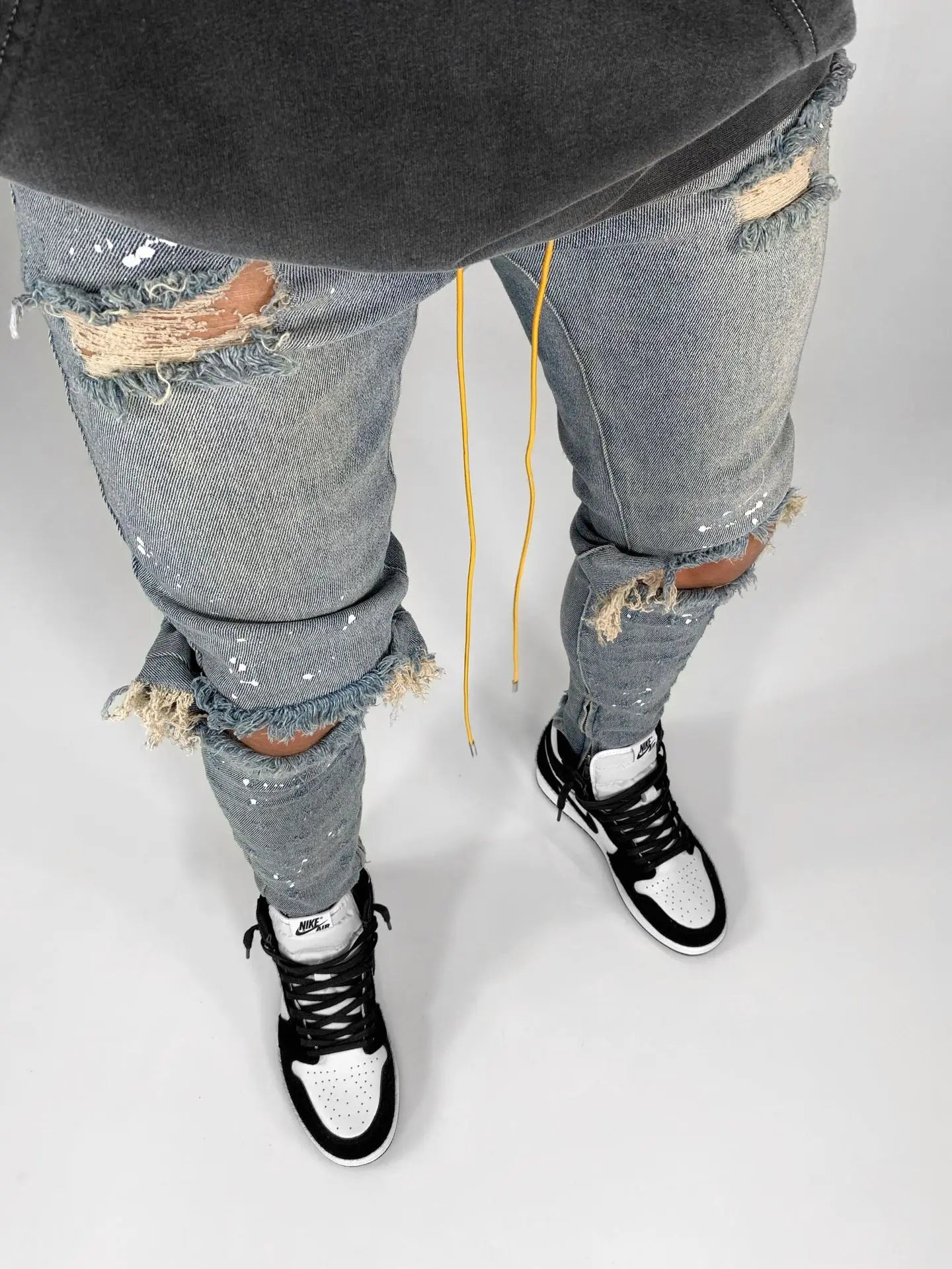 Men Long Jeans Pants Denim Pencil Pant Hole Splice Simple Slim Fit Zipper Lace Up Tight Waist Straight Trousers Autumn