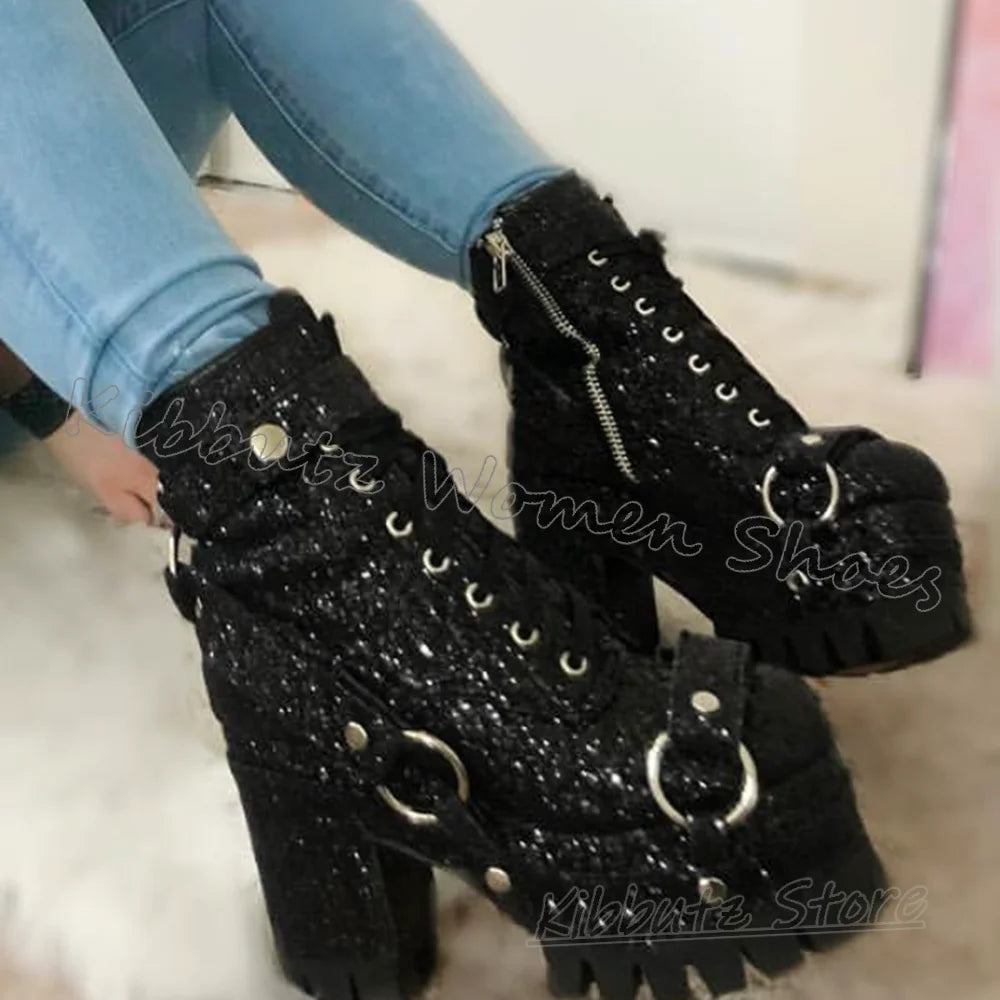 Modern Ankle Boots Platform Metal Decor Fashion Elegant Concise Luxury Solid Color Round Toe Chunky Heel Leather Women Shoes New