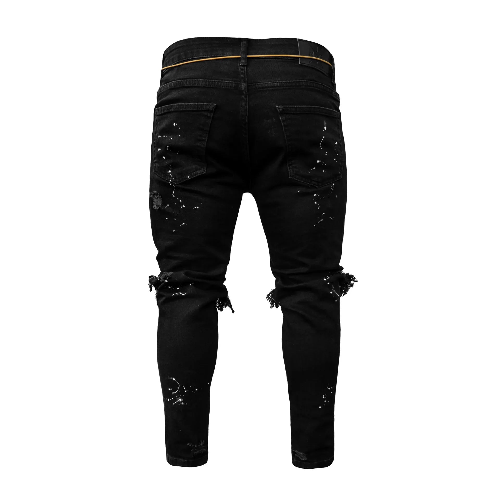 Men Long Jeans Pants Denim Pencil Pant Hole Splice Simple Slim Fit Zipper Lace Up Tight Waist Straight Trousers Autumn