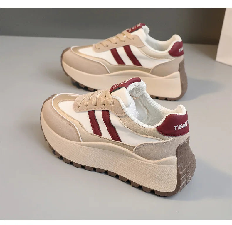 Spring Thick Bottom Women's Shoes 2025 Summer Casual Patchwork Leather Sneakers Casual Vulcanised Shoes Ladies Chaussure Femme